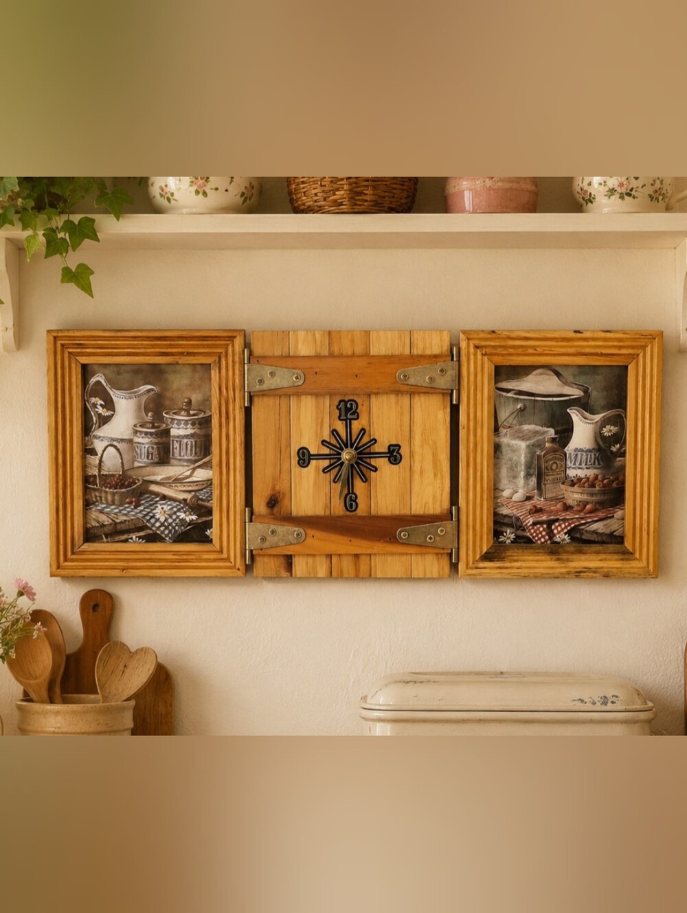 Vintage 1970s Wood Triptych Wall Clock & Dual Picture Frames | Rustic Farmhouse